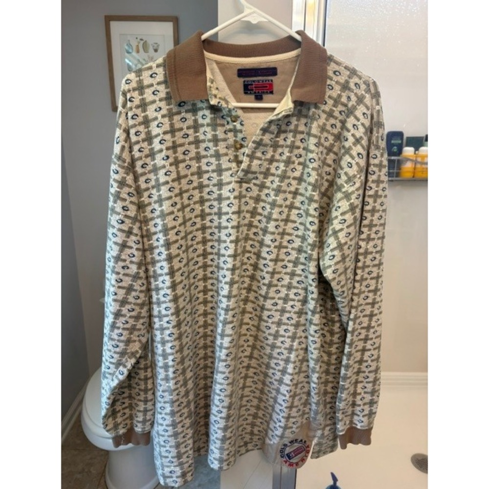 Vintage ColdWear America Long Sleeve Polo Shirt 90s All Over Print Cotton